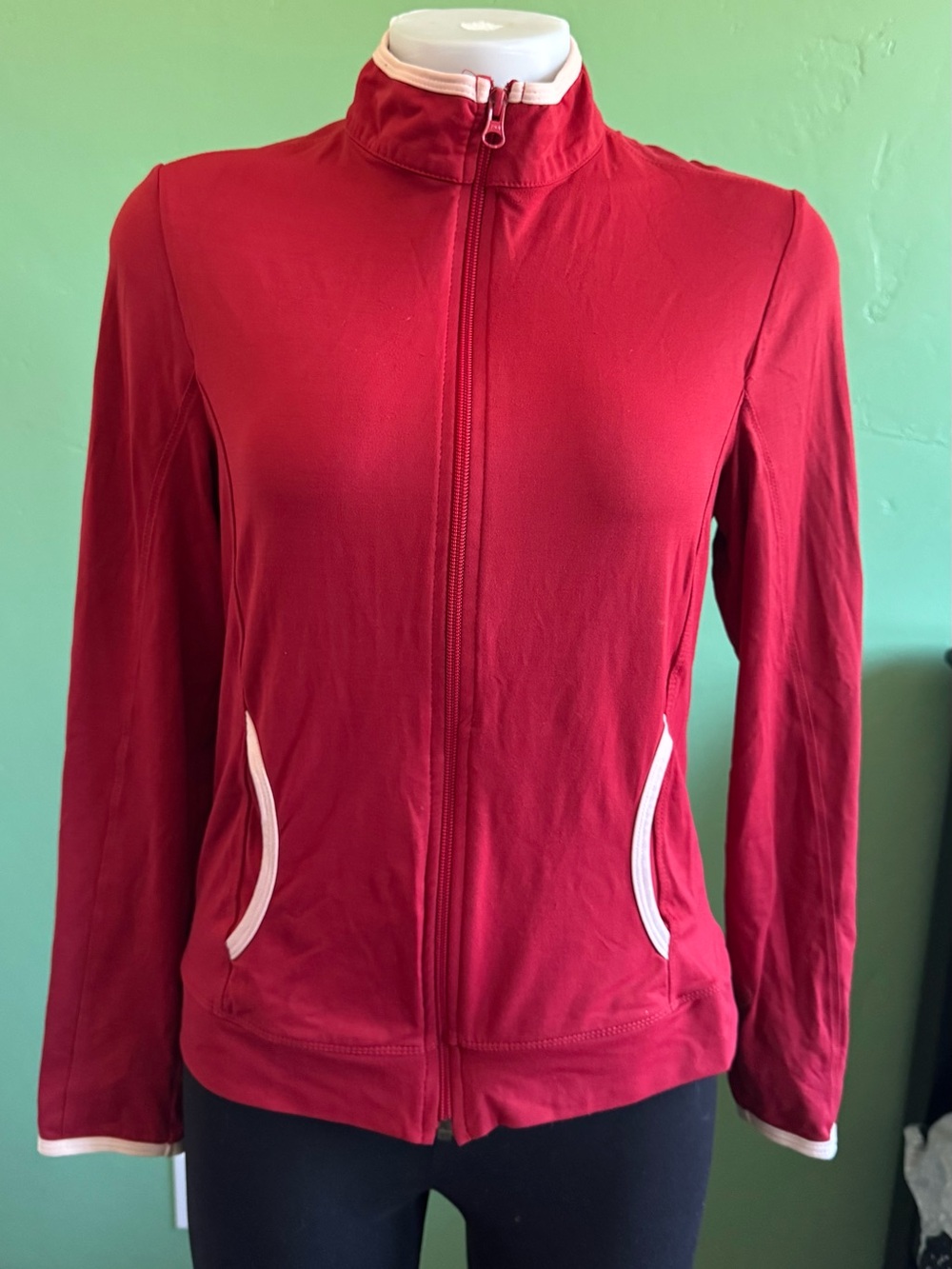 Red Prospirit zip up track jacket with white curved stripes on the sides Sz S